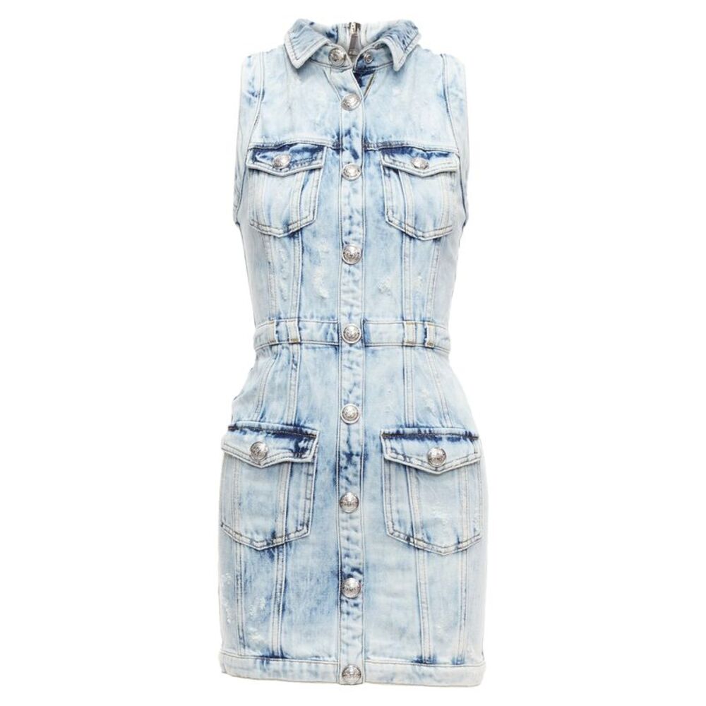 Balmain Distressed Denim Fitted Dress